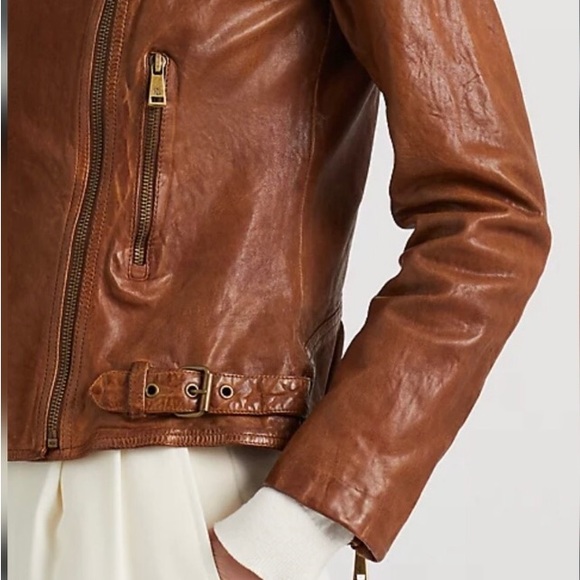Lauren Ralph Lauren Burnished Leather Moto Bomber Jacket Dark Walnut